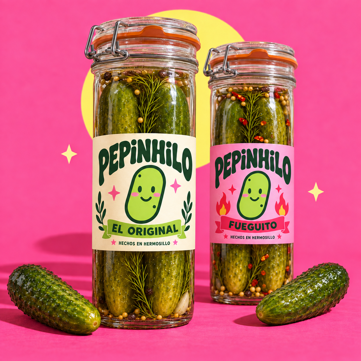 Dos frascos con pepinillos enteros y largos, con etiquetas verdes y rosas de Pepinhillo